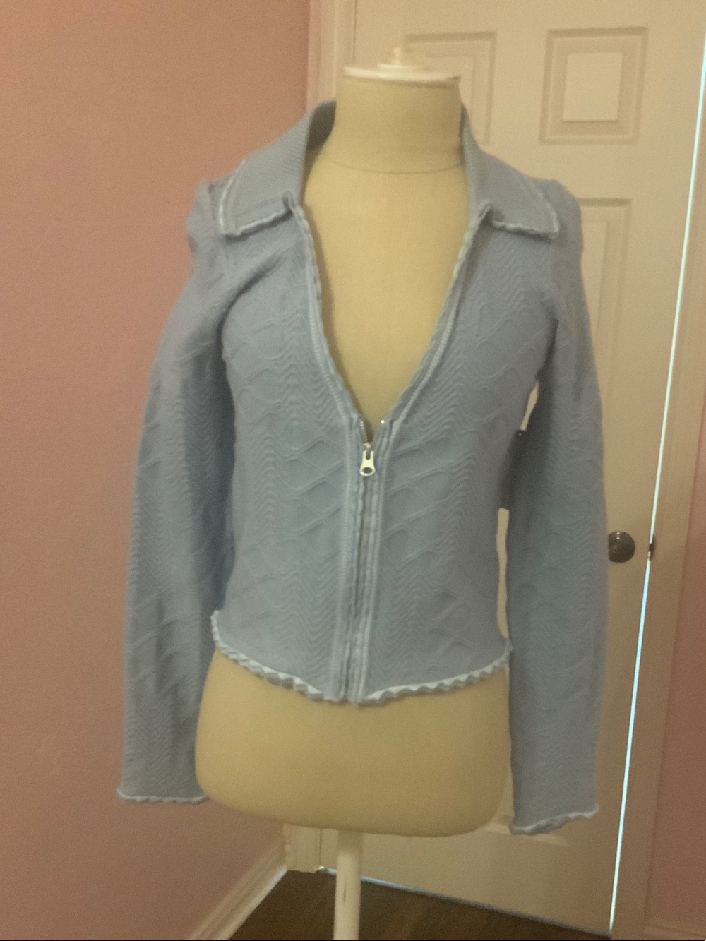Anthropologie Pale Blue Textured Zip-Front Jean Jacket